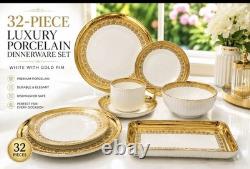 32-Piece Porcelain Dinner Set White/Gold Filigree Rim Round Plates Bowls Cups