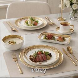 32-Piece Porcelain Dinner Set White/Gold Filigree Rim Round Plates Bowls Cups