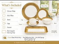 32-Piece Porcelain Dinner Set White/Gold Filigree Rim Round Plates Bowls Cups