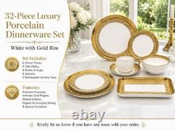 32-Piece Porcelain Dinner Set White/Gold Filigree Rim Round Plates Bowls Cups