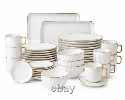 32 Piece Porcelain Dinnerware Set Gold Rim Plates Bowls Cups Saucers Luxury Set