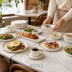 32 Piece Porcelain Dinnerware Set Gold Rim Plates Bowls Cups Saucers Luxury Set