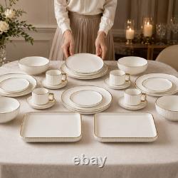 32 Piece Porcelain Dinnerware Set Gold Rim Plates Bowls Cups Saucers Luxury Set