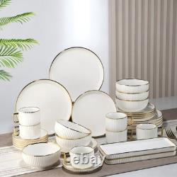 32 Piece Porcelain Dinnerware Set Gold Rim Plates Bowls Cups Saucers Luxury Set