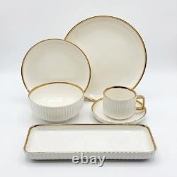 32pc Luxury White Dinnerware Set Gold Rim Porcelain Plates Bowls Cups & Tray
