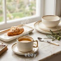 32pc Luxury White Dinnerware Set Gold Rim Porcelain Plates Bowls Cups & Tray