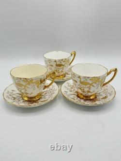 3 Cups & Saucers English Coalport CairoGold Birds Vintage Bone China READ