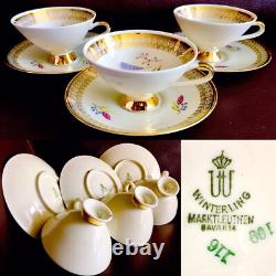3 Pairs of Rare Winterling Marktleuthen Bavaria 24ct Gold Gilded Cups & Saucers