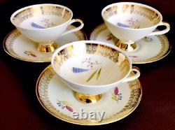 3 Pairs of Rare Winterling Marktleuthen Bavaria 24ct Gold Gilded Cups & Saucers