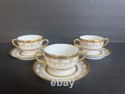 3 Sets French Limoges Double-Handled bouillon Cups & Saucers Gold Gilded Floral
