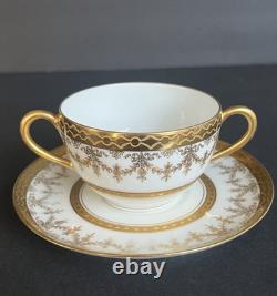 3 Sets French Limoges Double-Handled bouillon Cups & Saucers Gold Gilded Floral