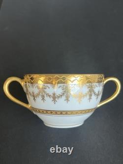 3 Sets French Limoges Double-Handled bouillon Cups & Saucers Gold Gilded Floral