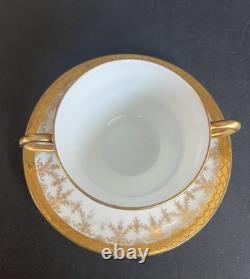 3 Sets French Limoges Double-Handled bouillon Cups & Saucers Gold Gilded Floral