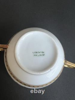 3 Sets French Limoges Double-Handled bouillon Cups & Saucers Gold Gilded Floral