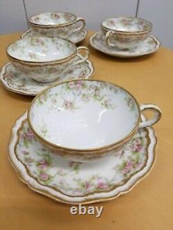 4 Antique Theodore Haviland Limoges Cup & Saucer-Double Gold, Pink Floral Rose