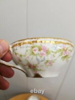 4 Antique Theodore Haviland Limoges Cup & Saucer-Double Gold, Pink Floral Rose