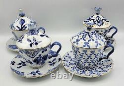 (4) Bombay Covered Cups and Saucers in Original Box, Blue and White with Gold