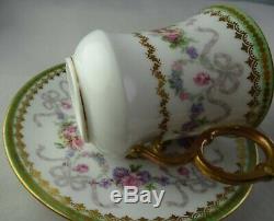 4 D & C Limoges Gilt Gold withFloral & Bows Cup & Saucer Sets Antique Porcelain