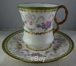 4 D & C Limoges Gilt Gold withFloral & Bows Cup & Saucer Sets Antique Porcelain