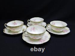 4 Haviland Limoges Schleiger 442B Pink Floral Double Gold Rim Tea Cups & Saucers