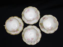 4 Haviland Limoges Schleiger 442B Pink Floral Double Gold Rim Tea Cups & Saucers