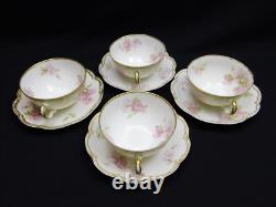 4 Haviland Limoges Schleiger 442B Pink Floral Double Gold Rim Tea Cups & Saucers
