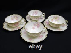 4 Haviland Limoges Schleiger 442B Pink Floral Double Gold Rim Tea Cups & Saucers