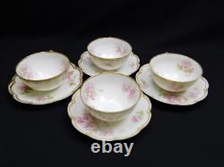 4 Haviland Limoges Schleiger 442B Pink Floral Double Gold Rim Tea Cups & Saucers