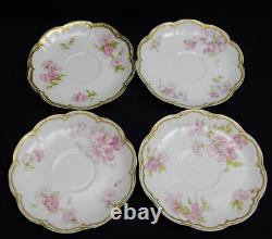 4 Haviland Limoges Schleiger 442B Pink Floral Double Gold Rim Tea Cups & Saucers