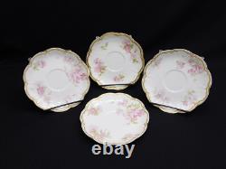 4 Haviland Limoges Schleiger 442B Pink Floral Double Gold Rim Tea Cups & Saucers
