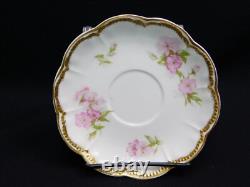 4 Haviland Limoges Schleiger 442B Pink Floral Double Gold Rim Tea Cups & Saucers
