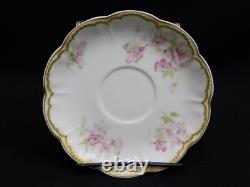 4 Haviland Limoges Schleiger 442B Pink Floral Double Gold Rim Tea Cups & Saucers