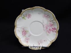 4 Haviland Limoges Schleiger 442B Pink Floral Double Gold Rim Tea Cups & Saucers