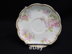 4 Haviland Limoges Schleiger 442B Pink Floral Double Gold Rim Tea Cups & Saucers