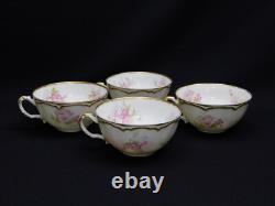 4 Haviland Limoges Schleiger 442B Pink Floral Double Gold Rim Tea Cups & Saucers
