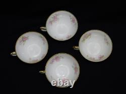 4 Haviland Limoges Schleiger 442B Pink Floral Double Gold Rim Tea Cups & Saucers