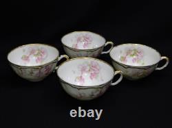 4 Haviland Limoges Schleiger 442B Pink Floral Double Gold Rim Tea Cups & Saucers