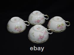 4 Haviland Limoges Schleiger 442B Pink Floral Double Gold Rim Tea Cups & Saucers