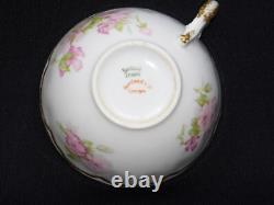 4 Haviland Limoges Schleiger 442B Pink Floral Double Gold Rim Tea Cups & Saucers