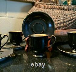 4 Hutschenreuther Pickard Decorated Black & Gold Wash Demitasse Cups & Saucers