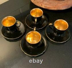 4 Hutschenreuther Pickard Decorated Black & Gold Wash Demitasse Cups & Saucers