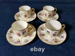 4 JPL Jean Pouyat Limoges France Hand painted Gold Floral Demitasse Cups 1890's