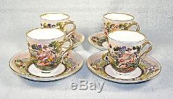 4 Sets Antique Hand Painted CAPODIMONTE ARMORIAL Cups & Saucers Bas Relief