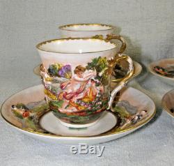 4 Sets Antique Hand Painted CAPODIMONTE ARMORIAL Cups & Saucers Bas Relief