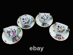 (4 Sets) Flowers Herend Gold Rim Demitasse Cups & Saucers #1728 Hand painted