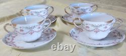 4 Sets LIMOGES G AHRENFELDT two handled gold cup bowl saucer pink garland flower