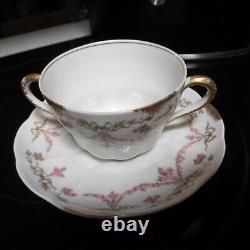 4 Sets LIMOGES G AHRENFELDT two handled gold cup bowl saucer pink garland flower