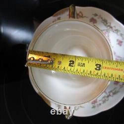 4 Sets LIMOGES G AHRENFELDT two handled gold cup bowl saucer pink garland flower