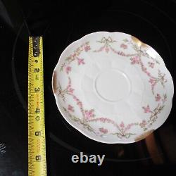 4 Sets LIMOGES G AHRENFELDT two handled gold cup bowl saucer pink garland flower