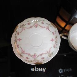 4 Sets LIMOGES G AHRENFELDT two handled gold cup bowl saucer pink garland flower